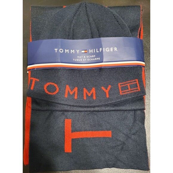Tommy Hilfiger Men's Beanie Hat & Scarf Set With Logo Blue & Red - Picture 1 of 5